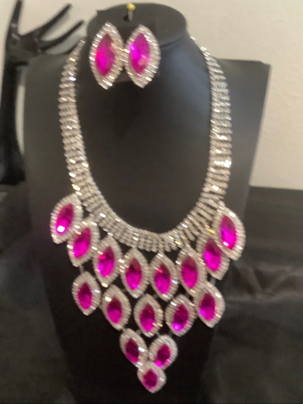 Statement Fuchsia Crystal Bib Necklace and Earrings Set